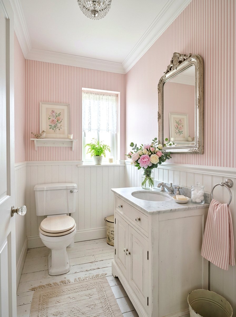 Pastel Pink Ticking Stripe Wallpaper - 30 stripe powder bath ideas