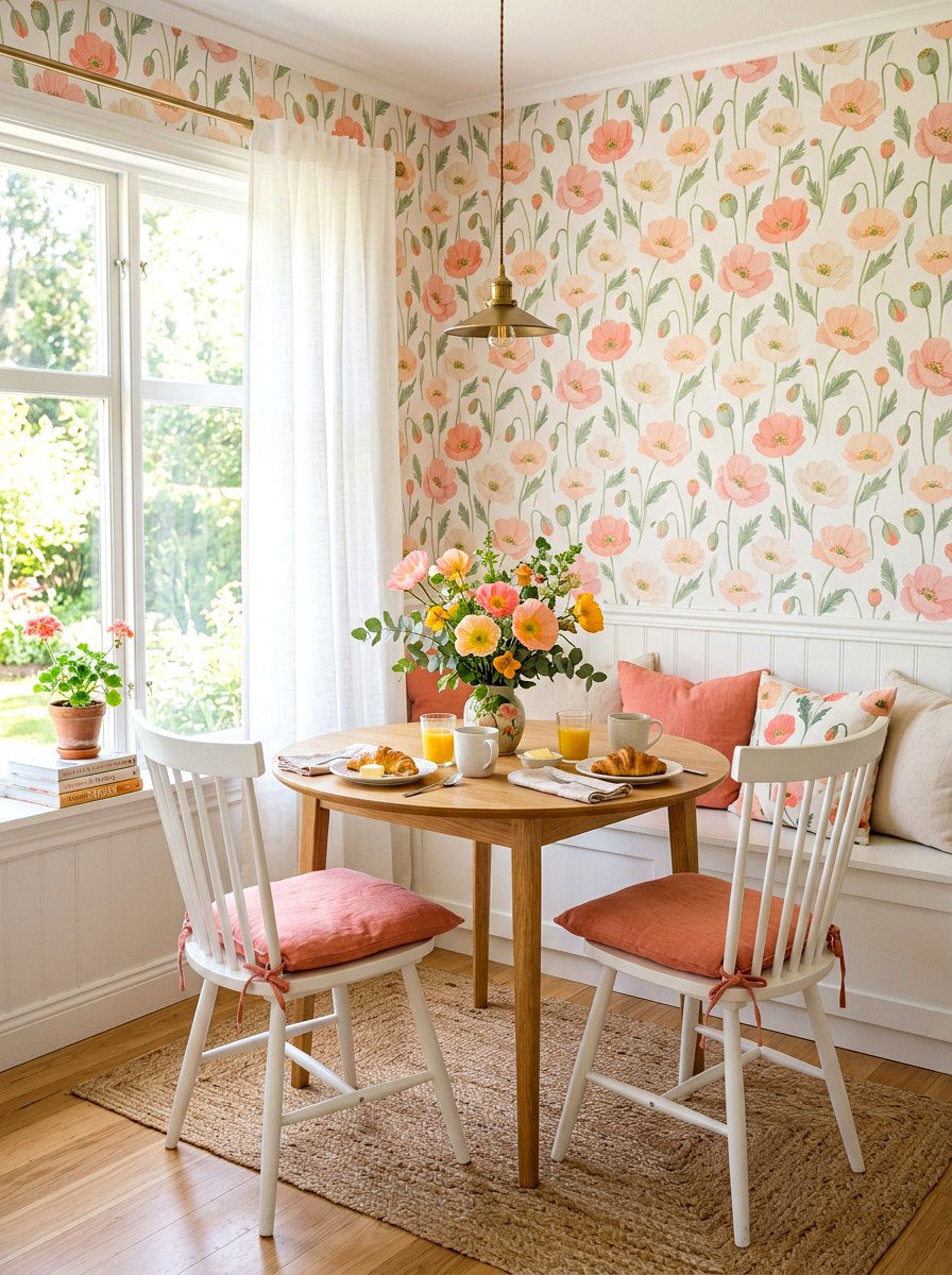Pastel Poppy Breakfast Nook Wallpaper - 30 spring floral wallpaper ideas