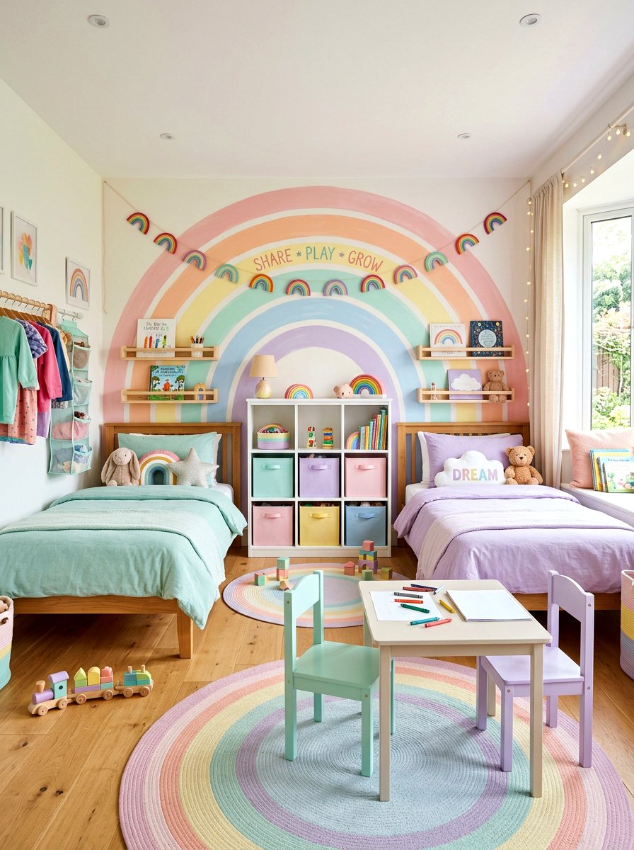 Pastel Rainbow Shared Room - 30 shared sibling room decor ideas