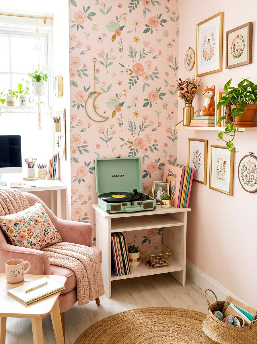 Pastel Record Player Setup - 30 record player corner ideas