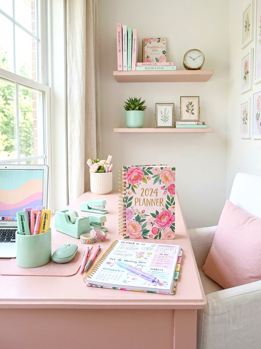 Pastel Stationery Desk - 30 paper planner desk ideas