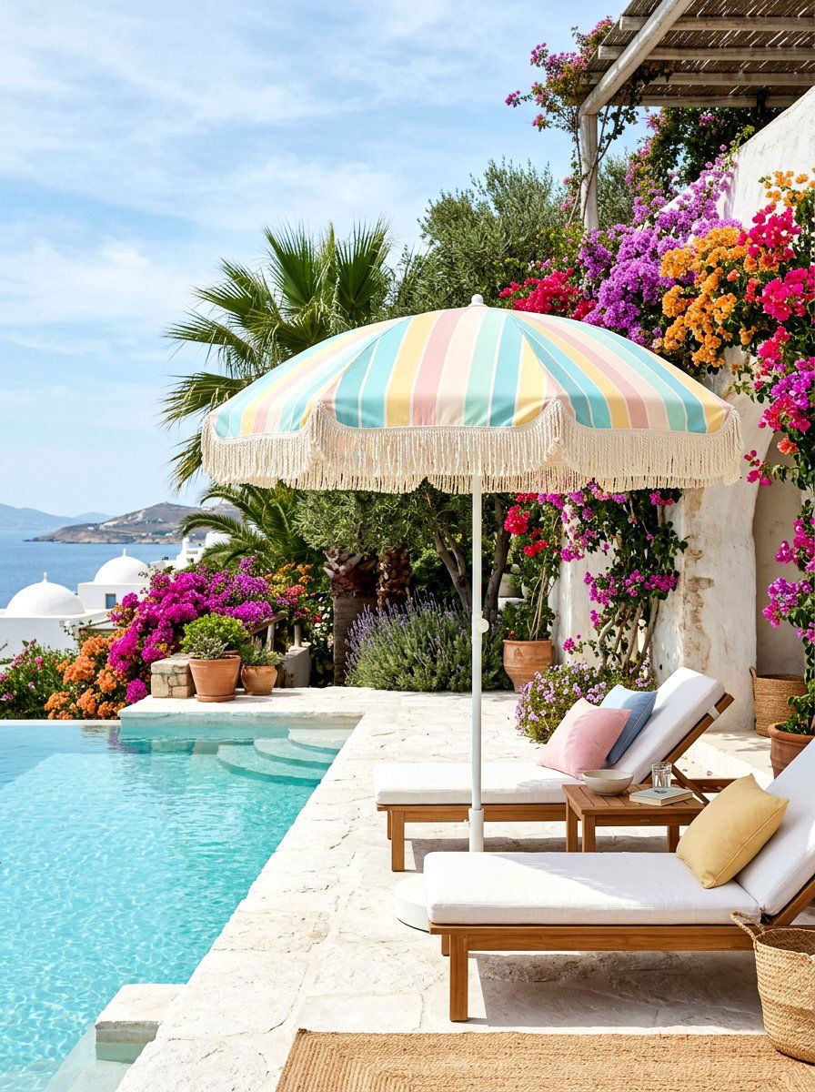 Pastel Striped Fringe Pool Umbrella - 30 poolside striped umbrellas ideas