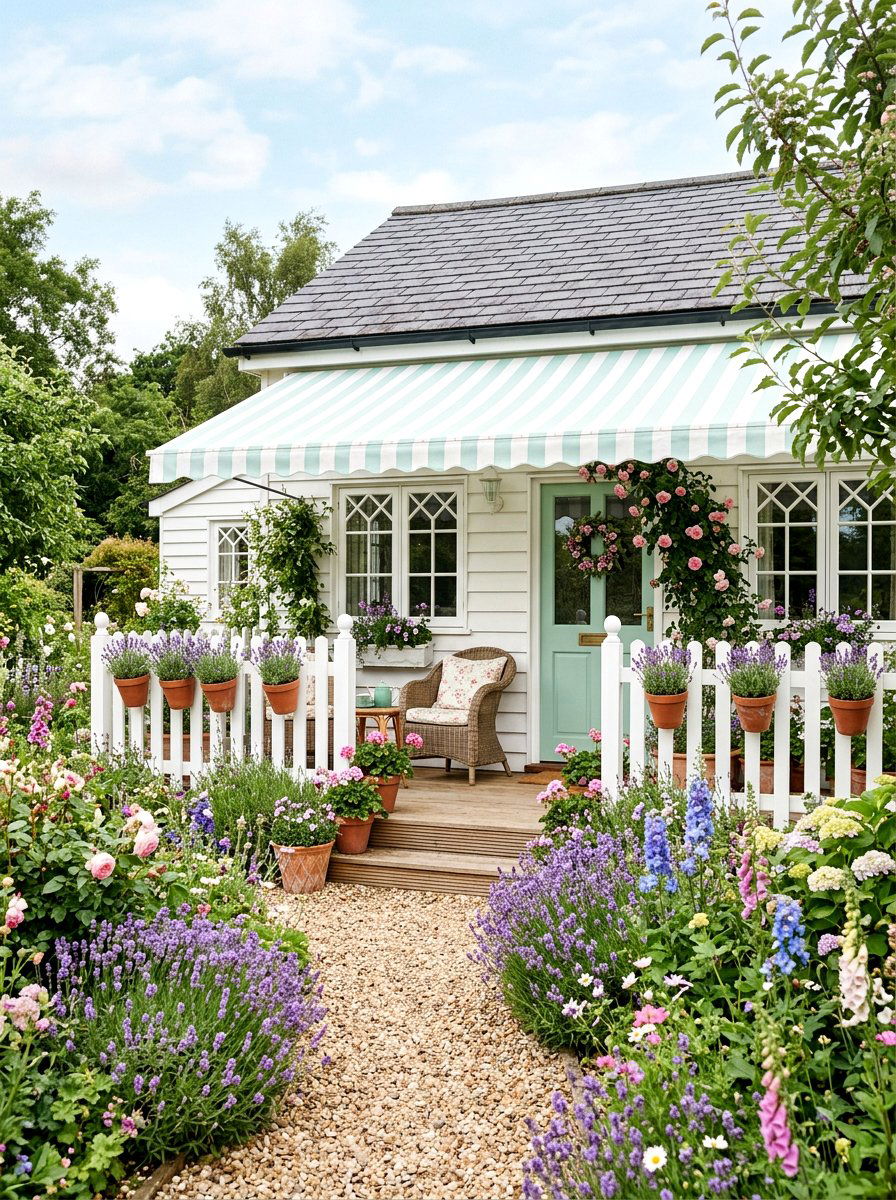 Pastel Striped Sunshade For Entryway - 30 striped awning front porch ideas