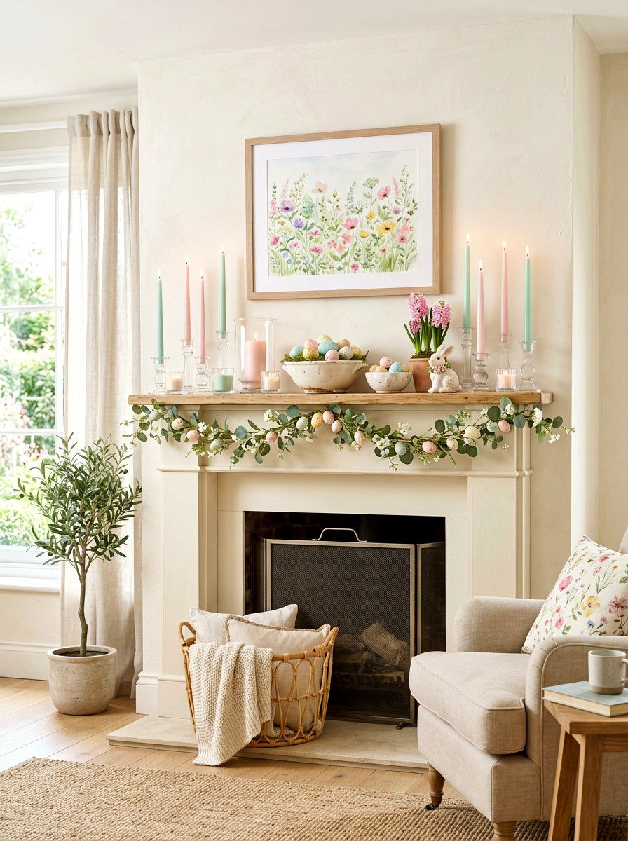 Pastel Taper Candle Mantel - 30 spring mantel styling ideas