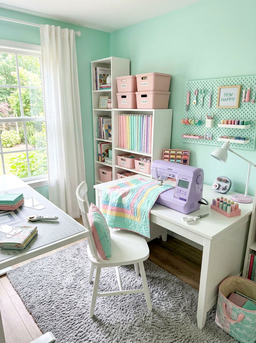 Pastel Theme Quilting Space - 30 quilting room ideas