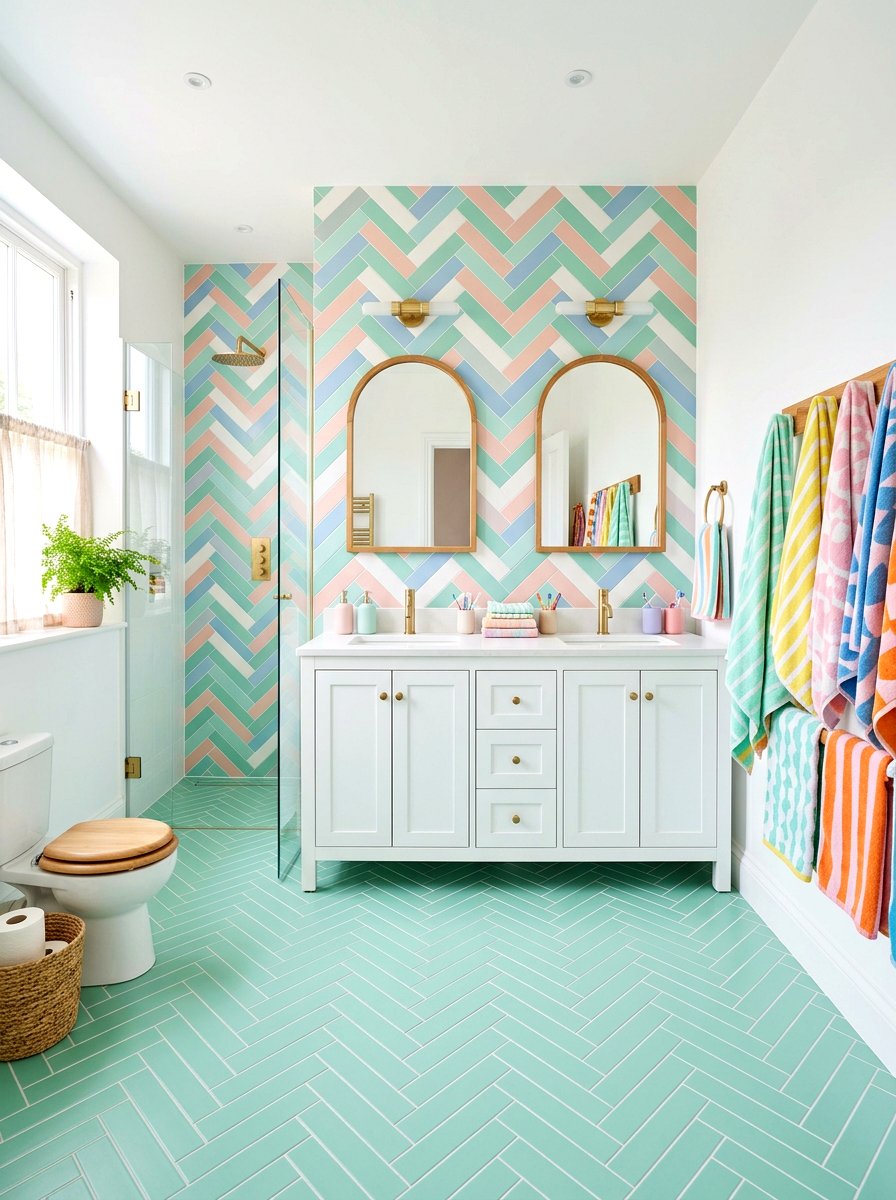 Pastel Tile Herringbone Kids Bathroom - 30 herringbone floor ideas