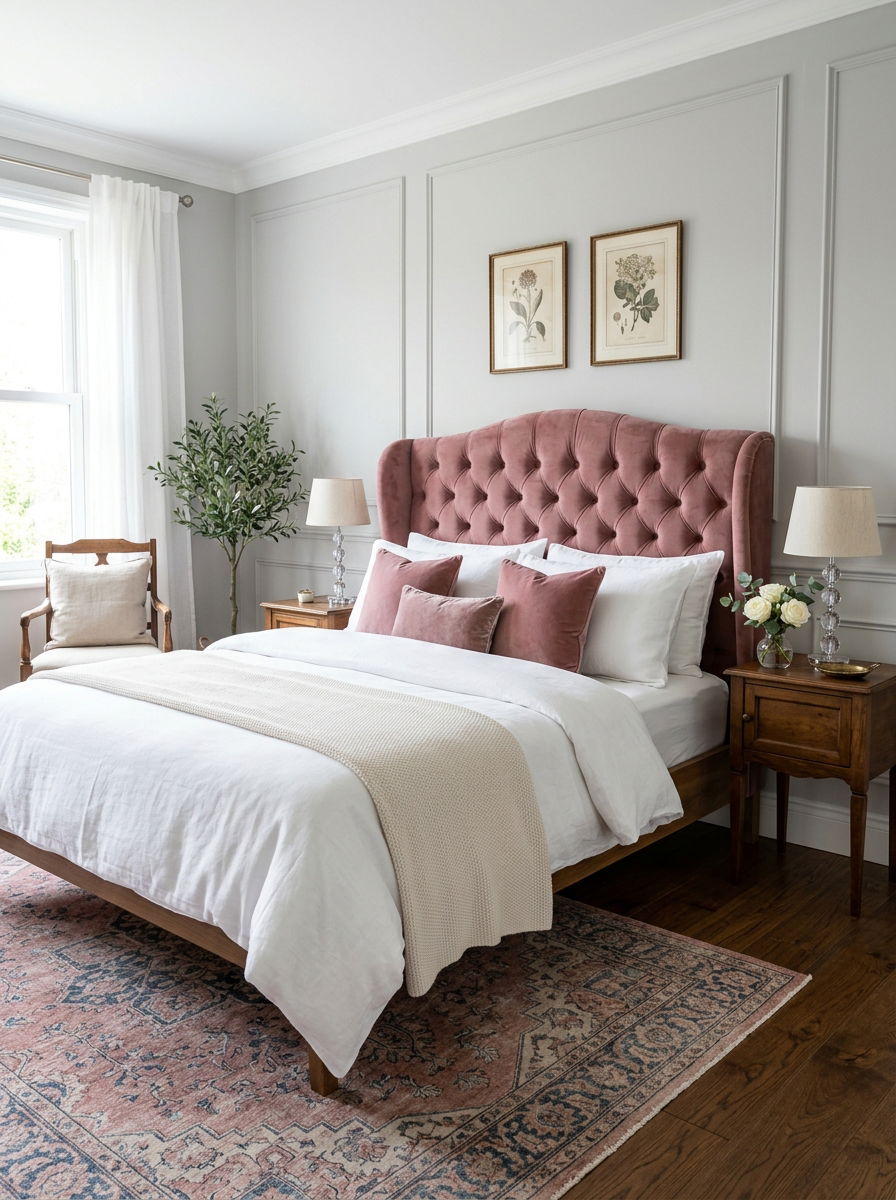 Pastel Velvet Headboard - 30 soft vintage bedroom ideas