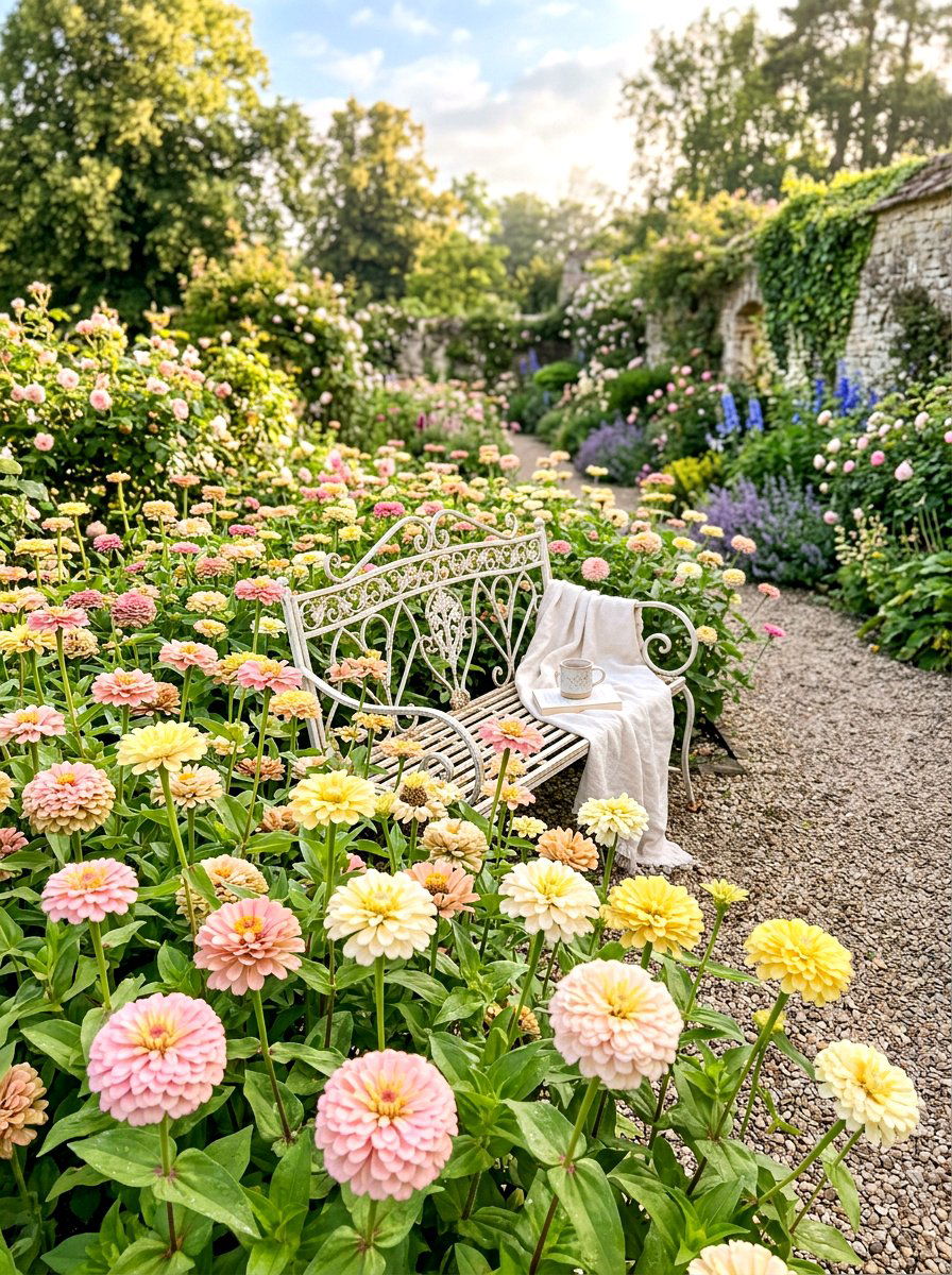 Pastel Zinnia Romantic Garden - 30 zinnia border ideas