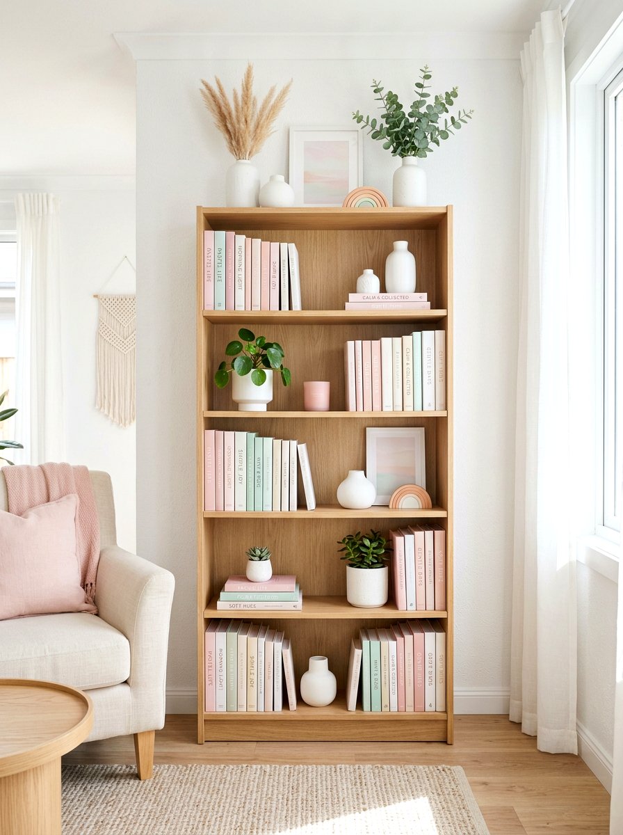 Pastel bookshelf decor - 30 bookshelf spring styling ideas