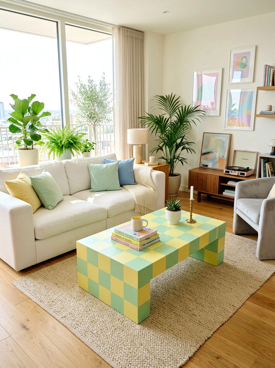 Pastel checkered coffee table - 30 bright checkerboard decor ideas