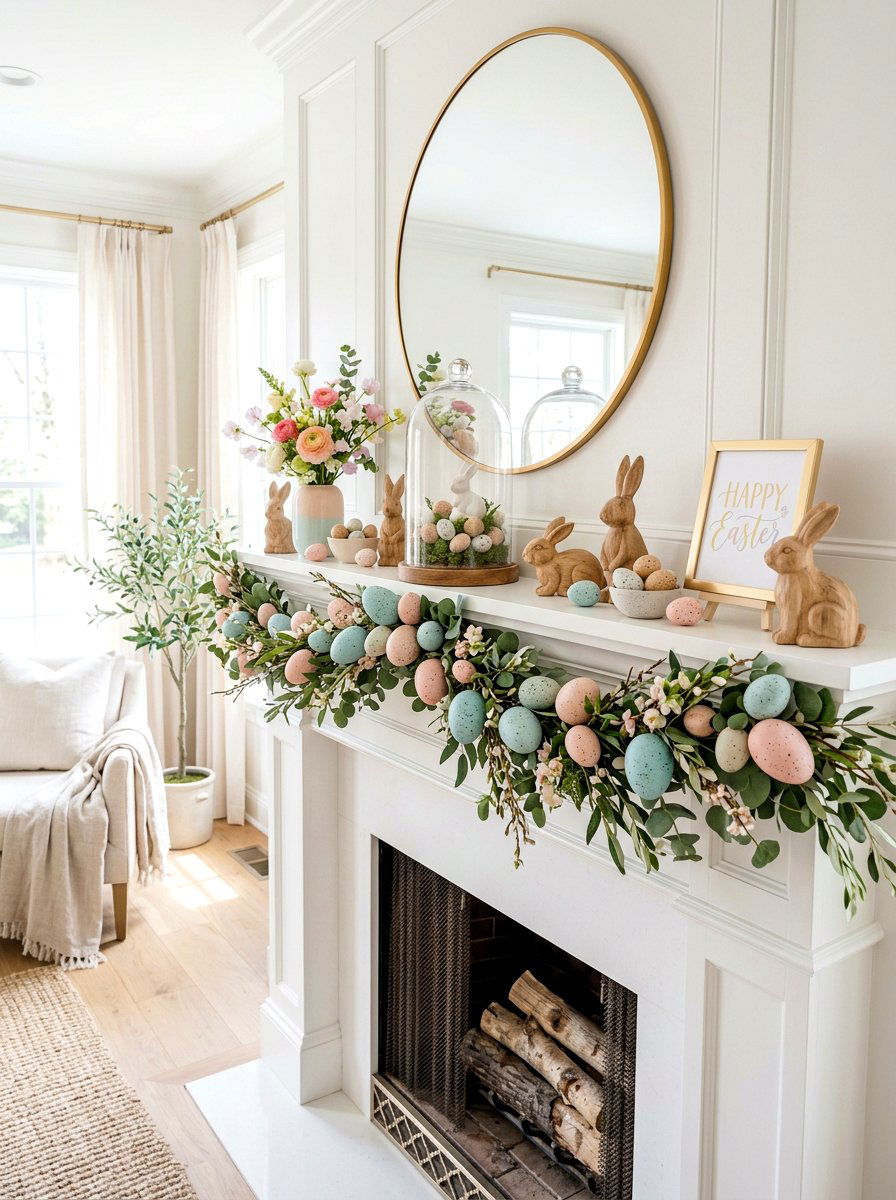 Pastel easter egg mantel - 30 spring mantel decor ideas