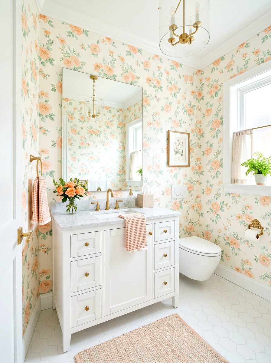 Pastel floral wallpaper - 30 floral wallpaper powder room ideas