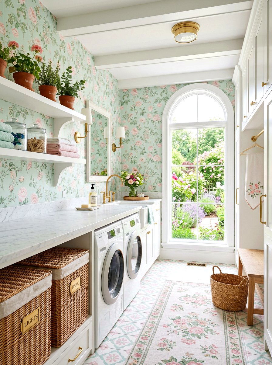 Pastel garden laundry room - 30 garden print wallpaper ideas
