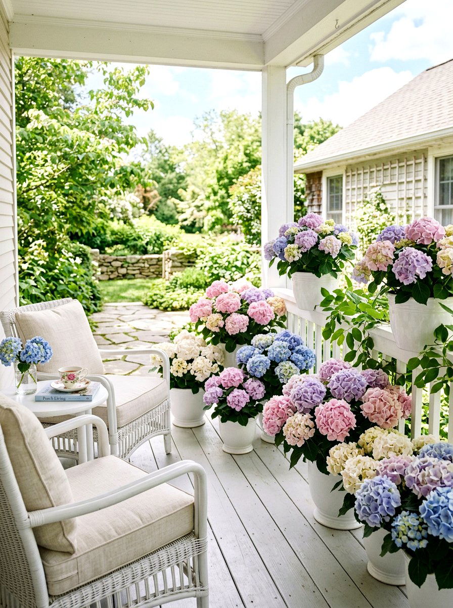 Pastel hydrangea porch color palette - 30 hydrangea heavy front porch ideas