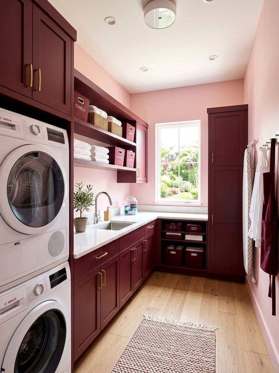 Pastel pink and maroon laundry room - 30 pink and red home decor ideas