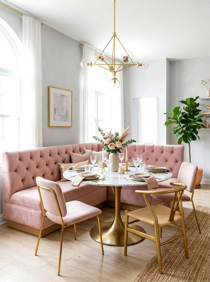 Pastel pink dining seating - 30 curved banquette dining ideas