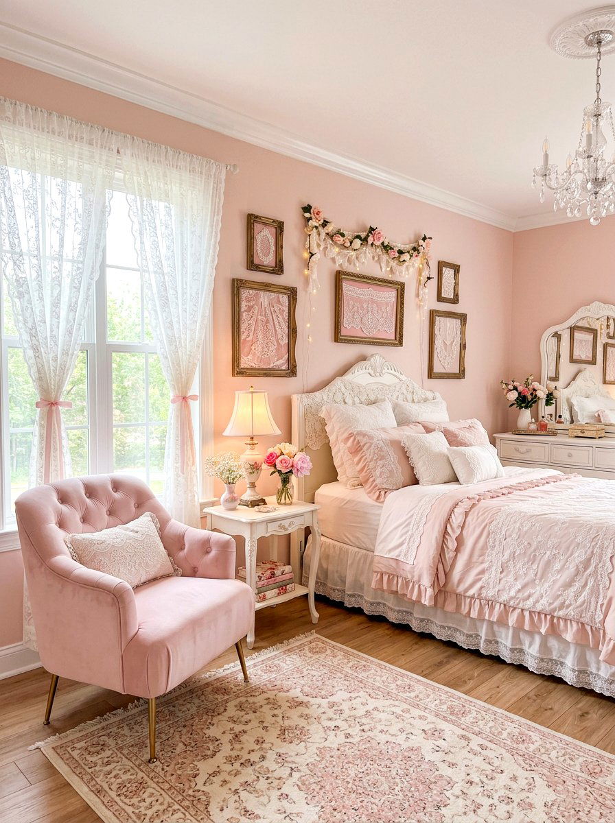 Pastel pink lace room - 30 cottage lace bedroom ideas