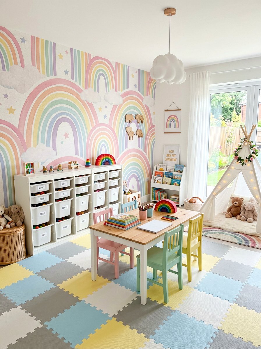 Pastel rainbow wallpaper playroom - 30 wallpaper accent wall ideas