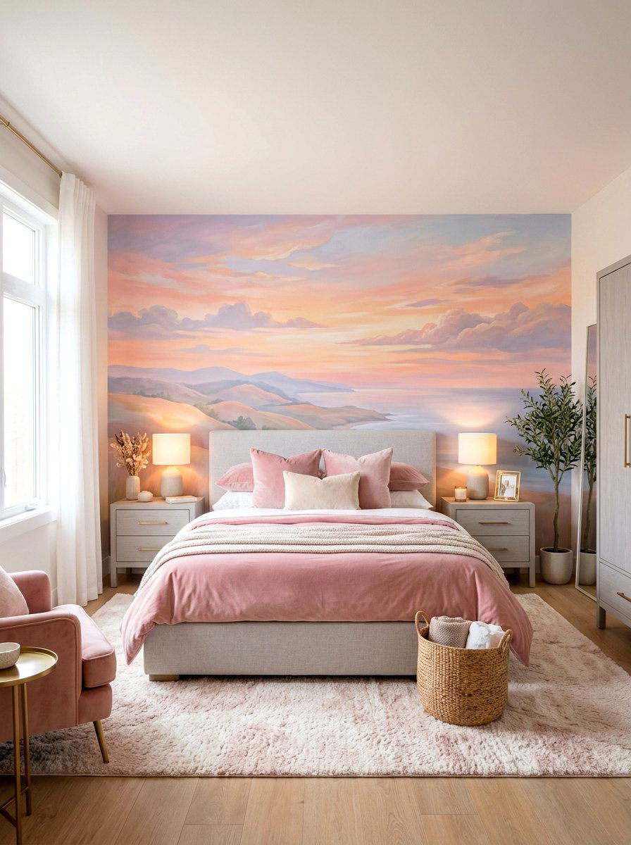 Pastel sunset wall mural - 30 landscape mural bedroom ideas