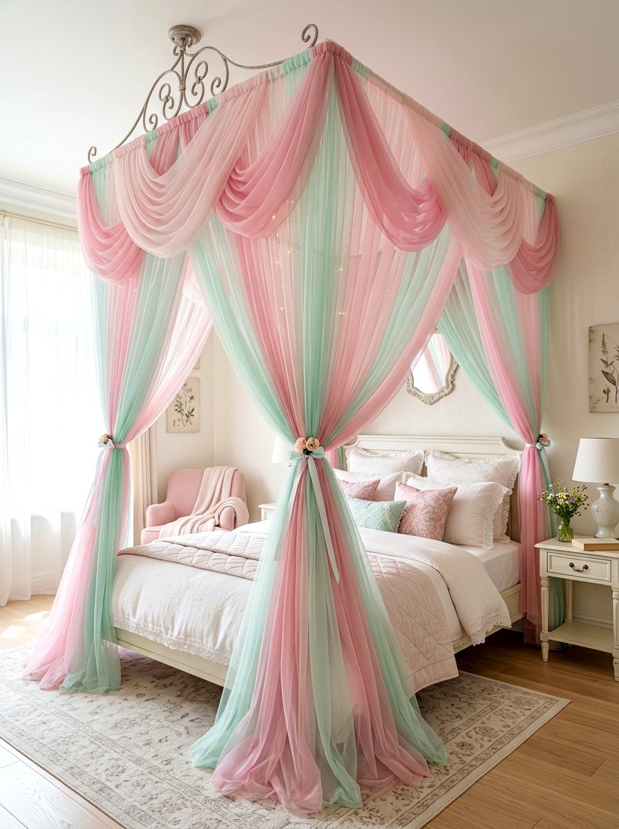 Pastel tulle drapery - 30 fairycore bedroom ideas