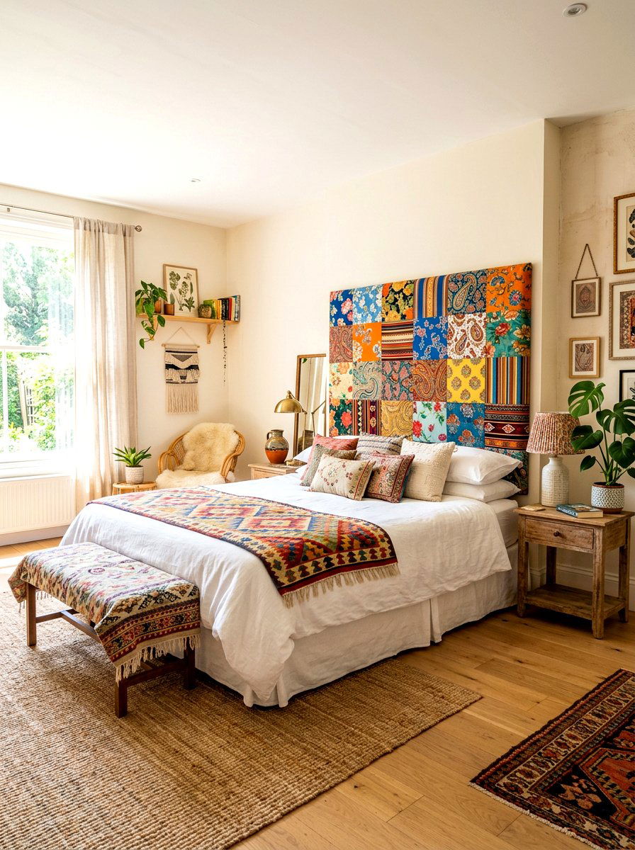 Patchwork Fabric Headboard - 30 statement headboard bedroom ideas