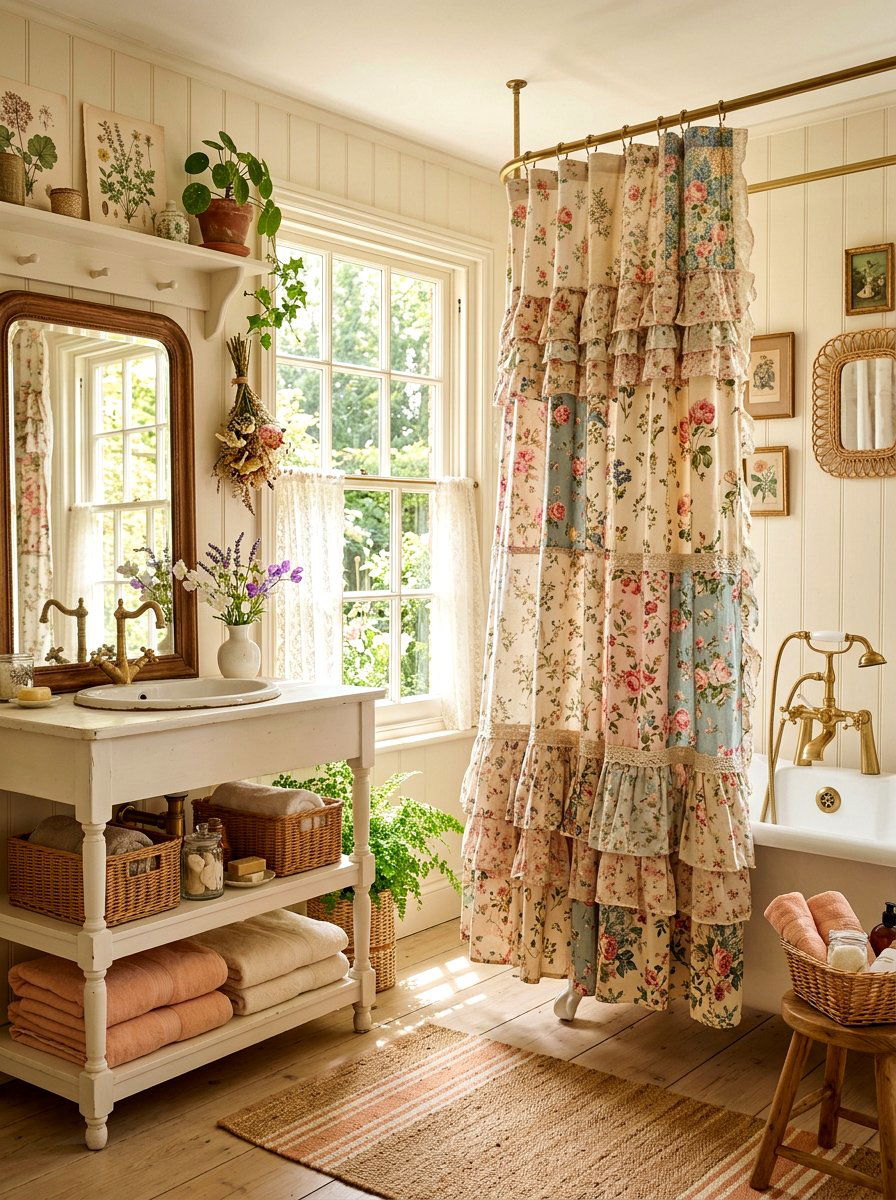 Patchwork ruffle shower curtain - 30 shower curtain bathroom ideas
