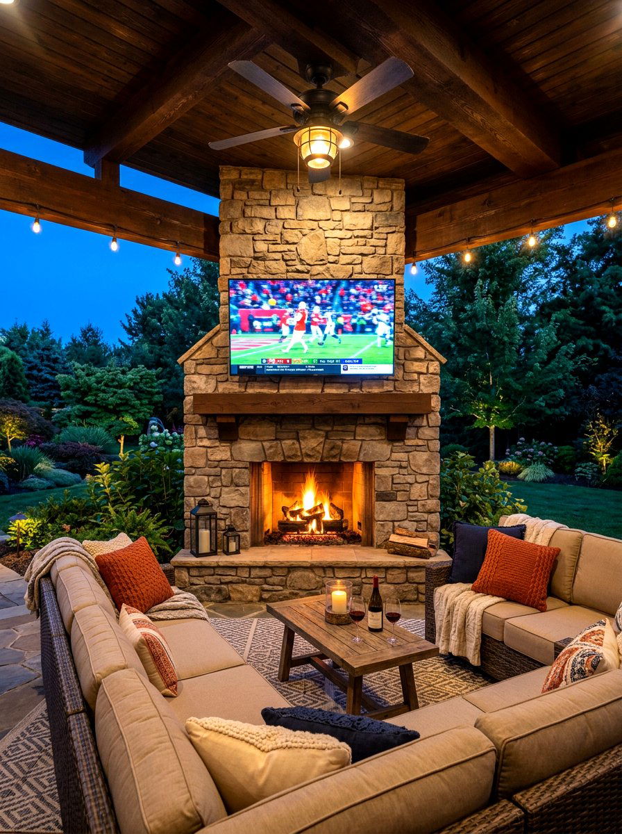 Patio Fireplace With TV - 30 covered patio fireplace ideas