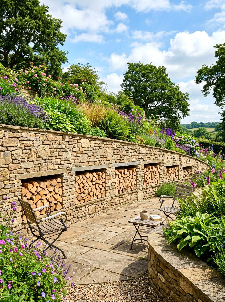 Patio Retaining Wall Rack - 30 firewood storage wall ideas