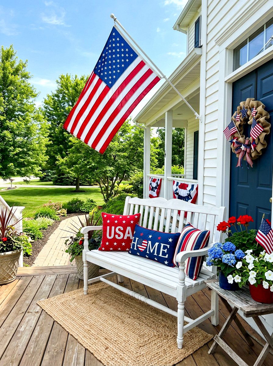Patriotic Front Porch Bench - 30 Fourth of July porch ideas