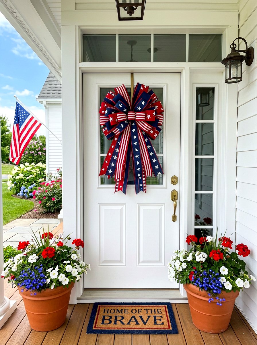 Patriotic Ribbon Door Bow - 30 patriotic porch ideas