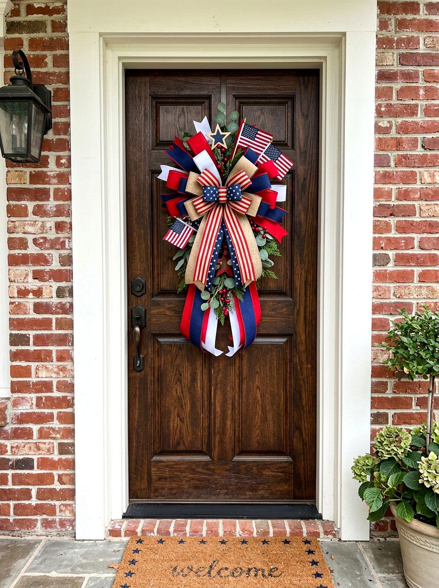 Patriotic Ribbon Door Swag - 30 Fourth of July porch ideas