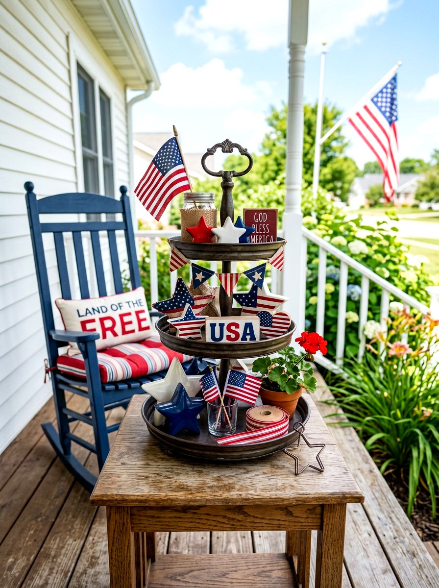 Patriotic Tiered Tray Display - 30 patriotic porch ideas