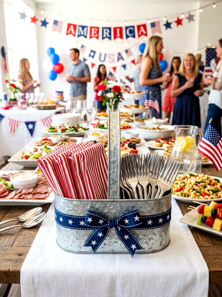 Patriotic silver caddy - 30 patriotic table decor ideas