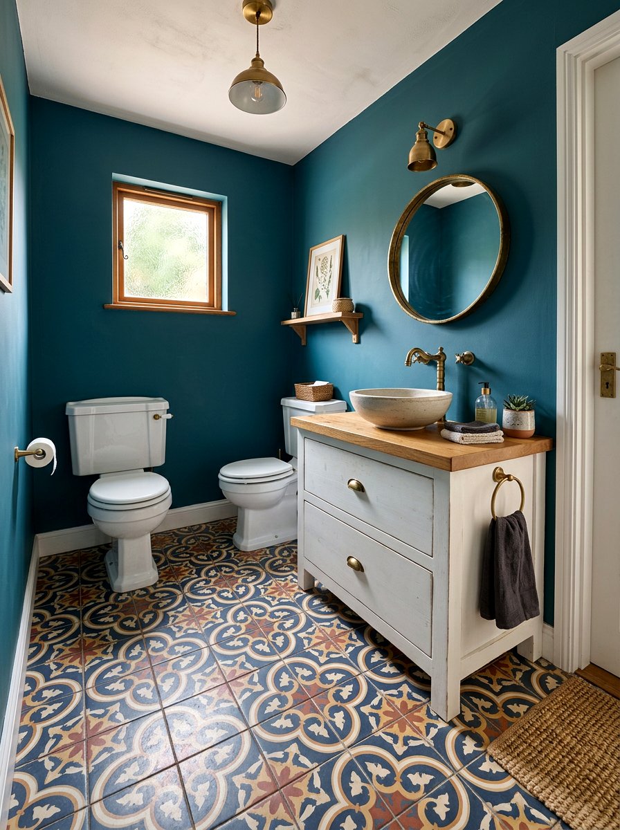 Patterned Cement Floor - 30 deep teal powder room ideas