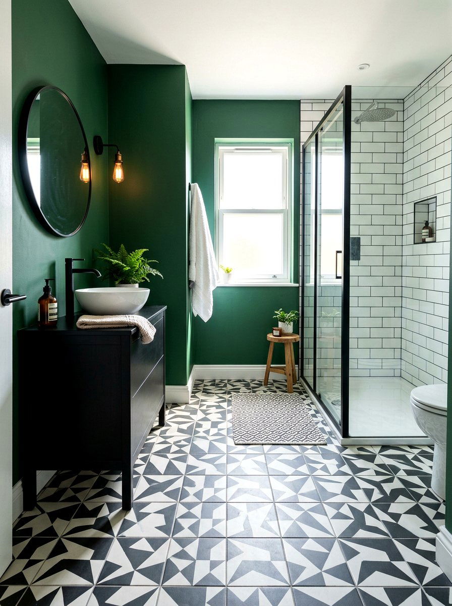 Patterned Cement Tile Bathroom - 30 moody farmhouse bathroom ideas