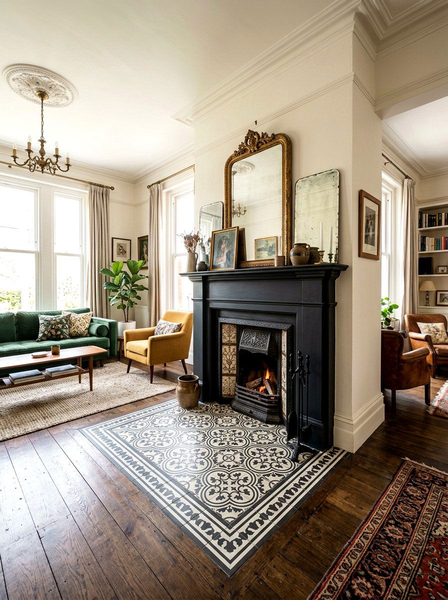 Patterned Cement Tile Hearth - 30 fireplace hearth ideas