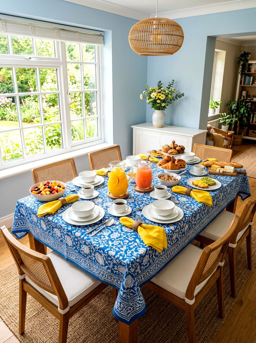 Patterned Cotton Brunch Table - 30 layered tablescape dining ideas