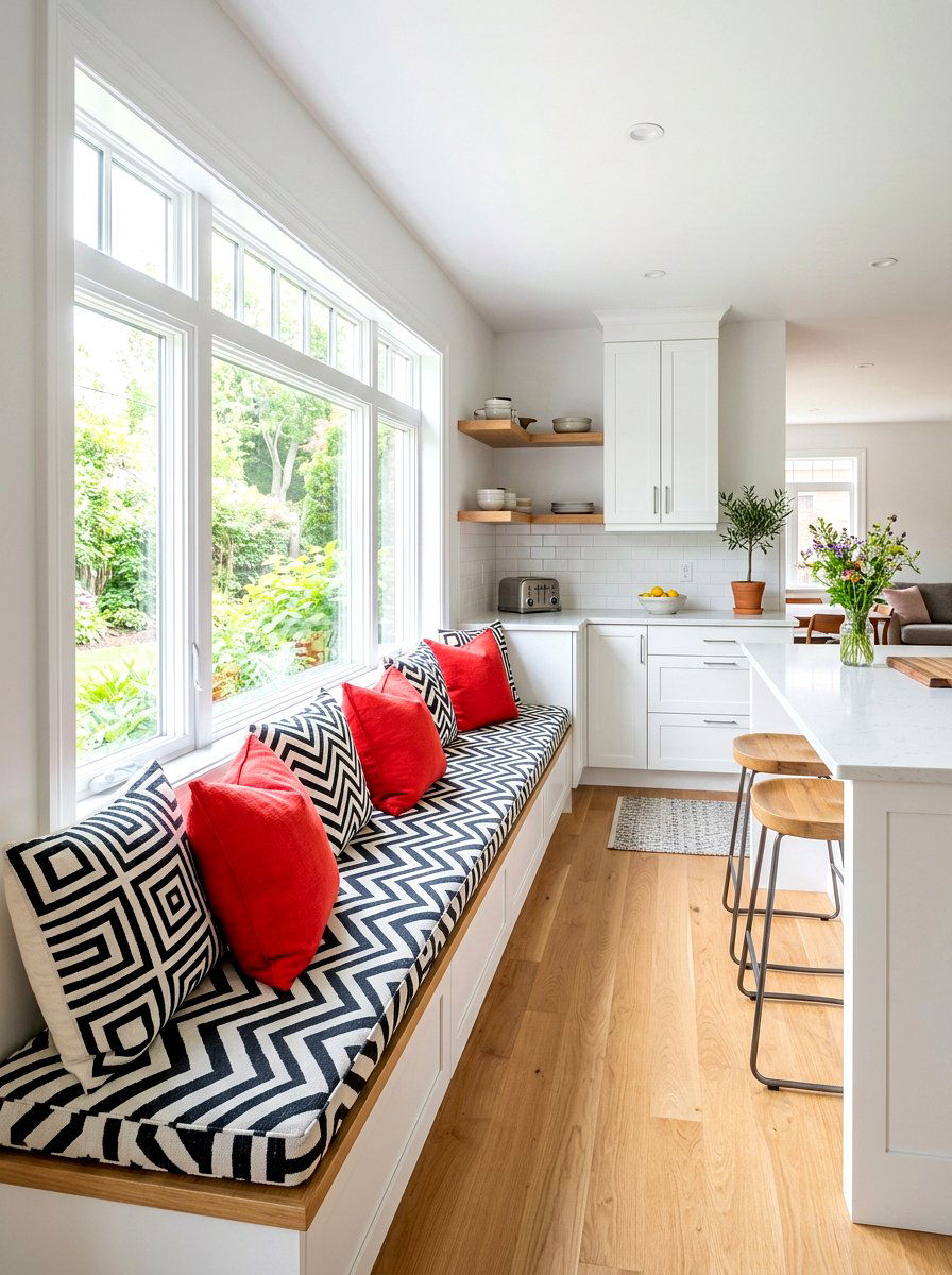 Patterned Cushion Seating - 30 cozy kitchen window seat ideas