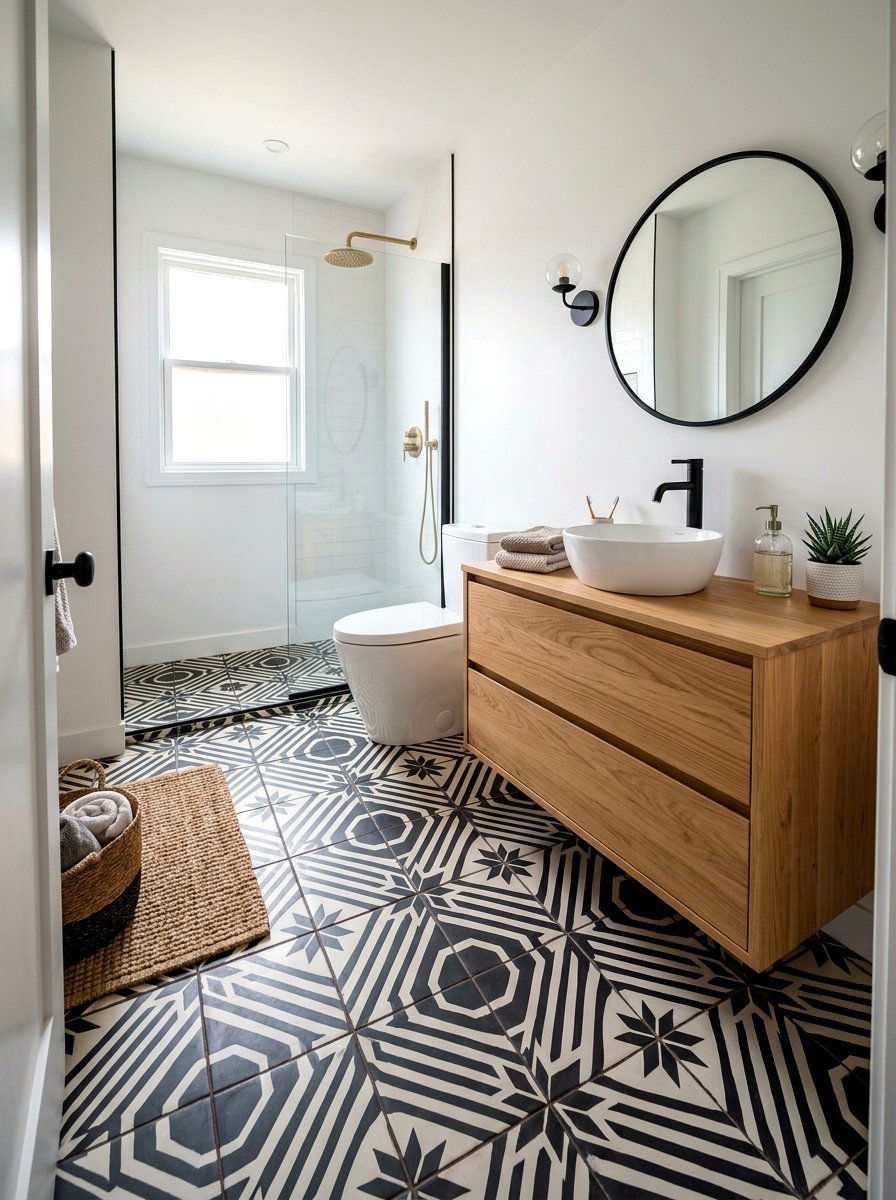 Patterned Floor Tile - 30 tiny powder bath ideas