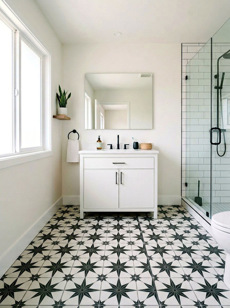 Patterned Floor Tile - 30 farmhouse bathroom ideas