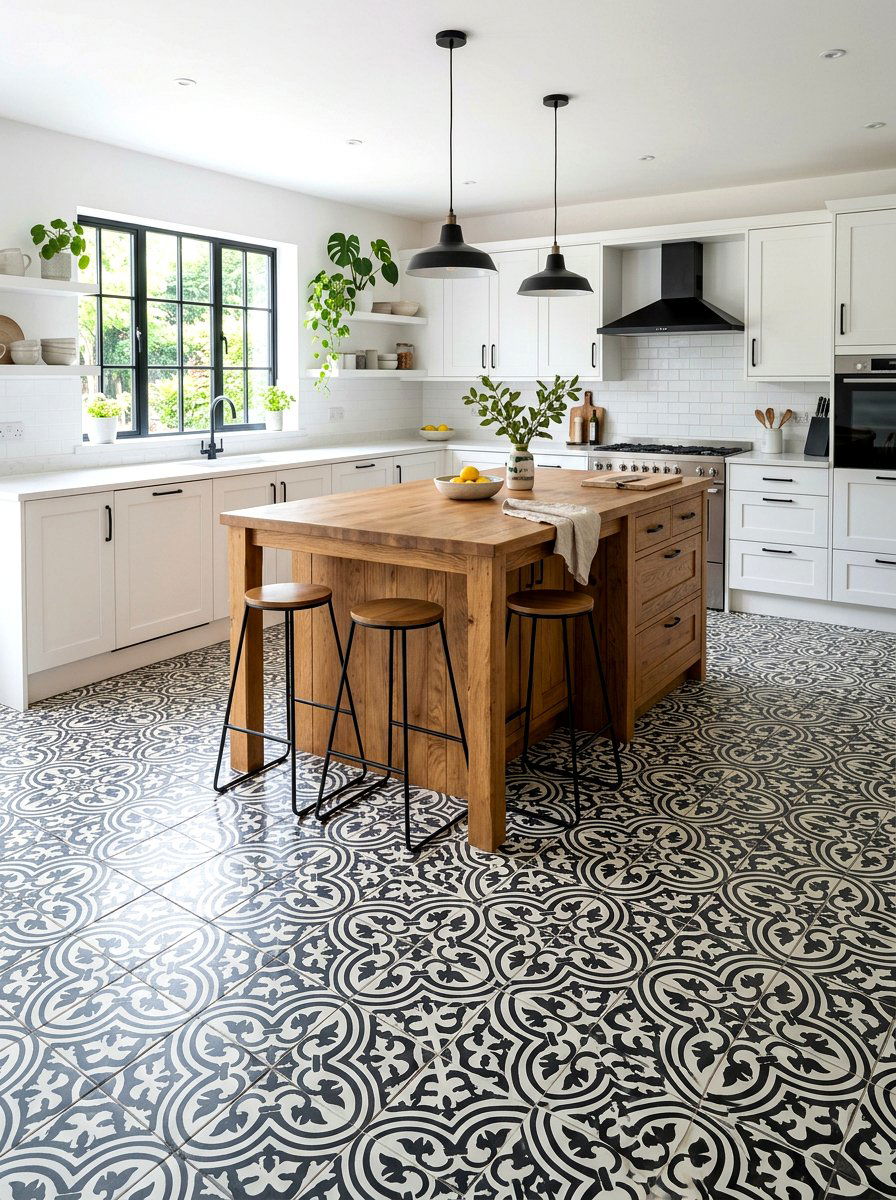 Patterned Floor Tile - 30 farmhouse kitchen ideas