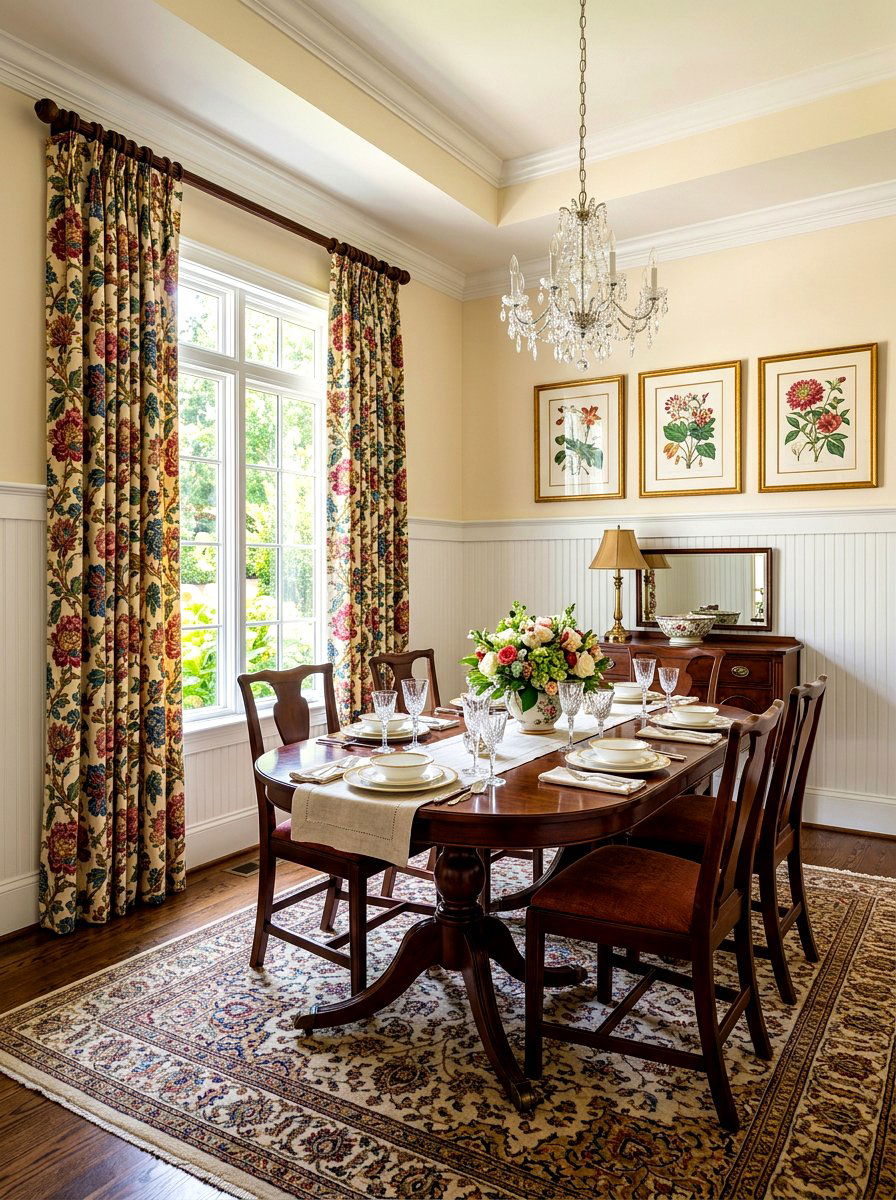 Patterned Floral Drapes - 30 dining room drapery ideas