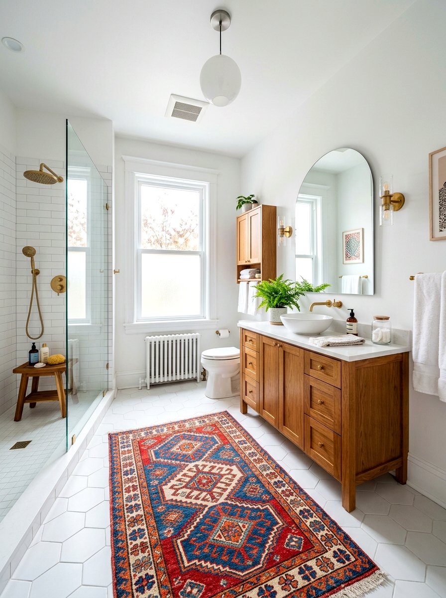 Patterned Kilim Rug - 30 winter bathroom styling ideas