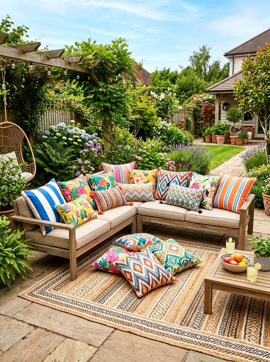 Patterned Pillow Mix - 30 backyard picnic decor ideas