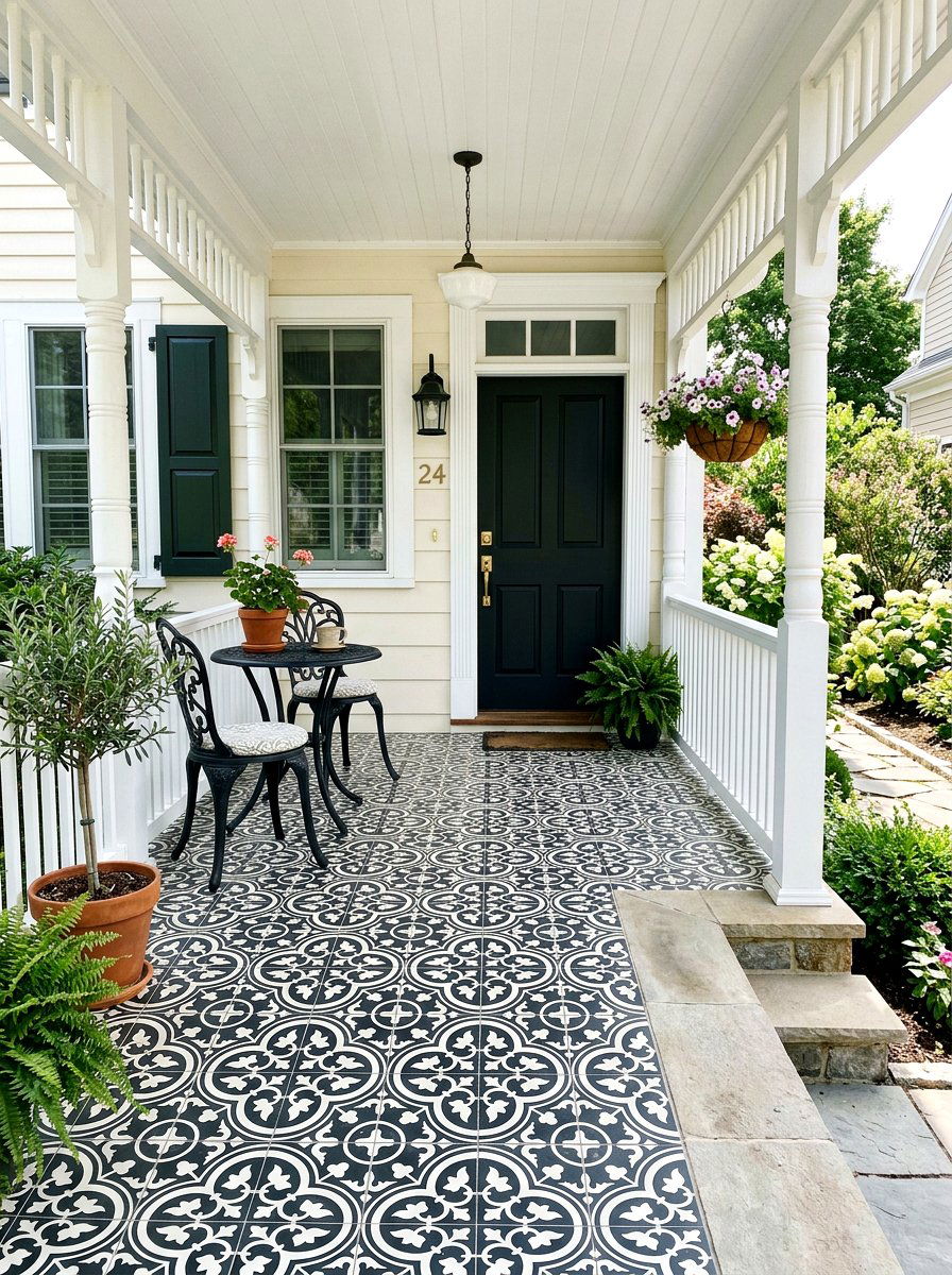 Patterned Porch Tile - 30 front facade makeover ideas