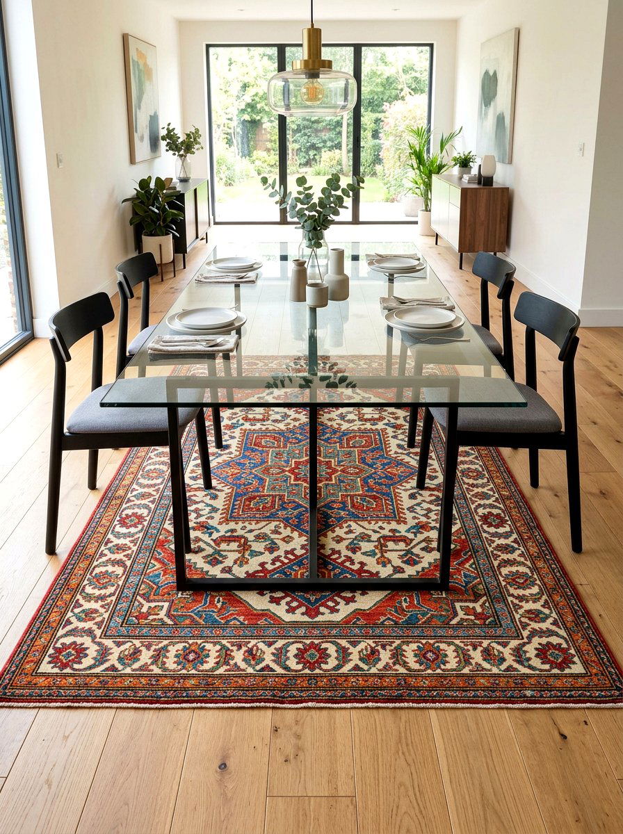 Patterned Rug Under Glass Dining Table - 30 dining room rug placement ideas