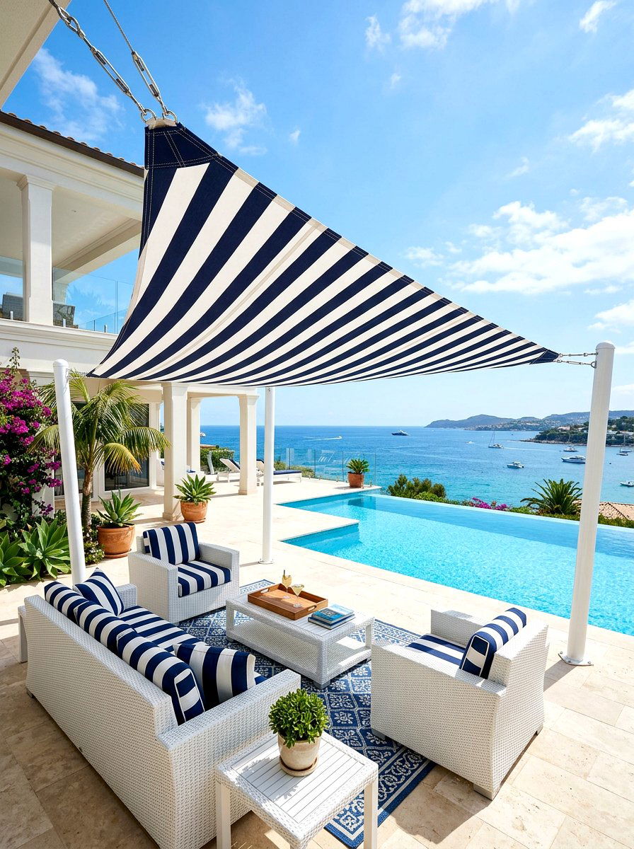 Patterned Striped Shade Sail - 30 sun sail patio ideas