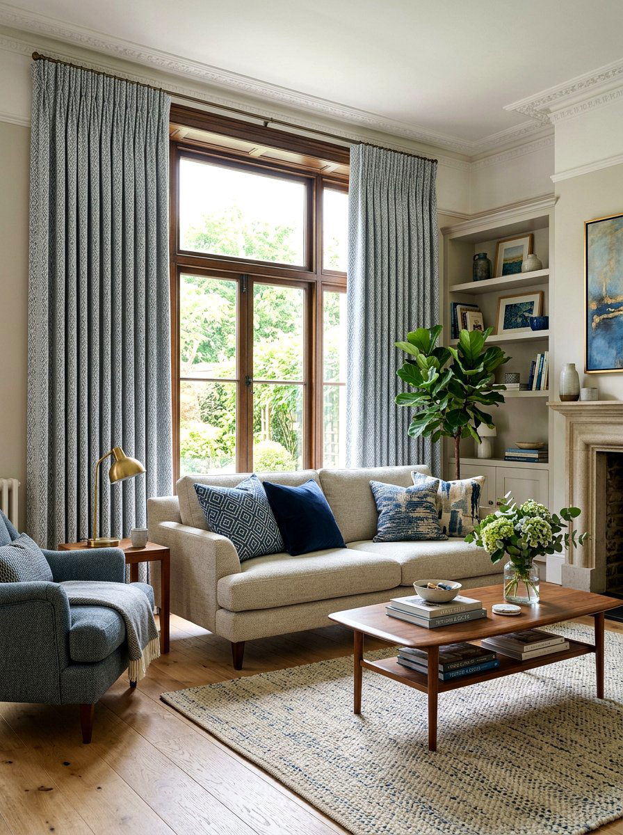 Patterned Tailored Curtain Living Room - 30 tailored drapery living room ideas