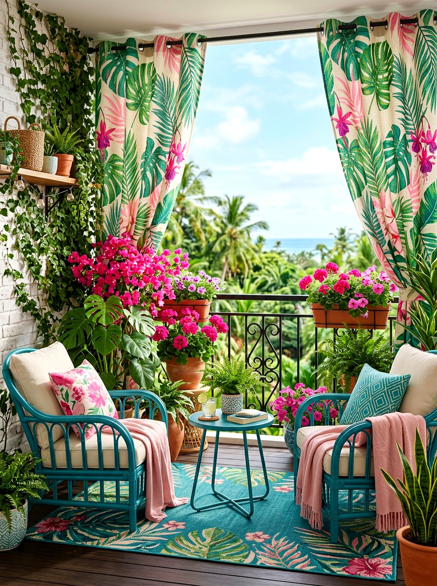 Patterned Tropical Leaf Curtains - 30 balcony privacy curtain ideas