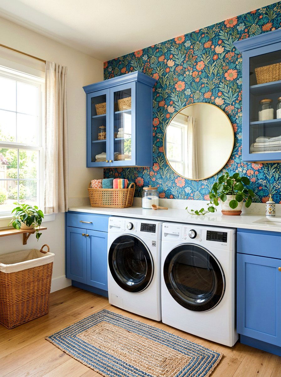 Patterned Wallpaper Accent - 30 laundry room wall decor ideas